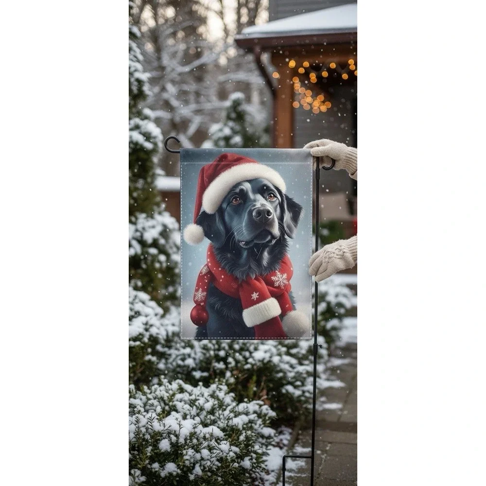 Black Labrador Christmas Garden Flag Winter Dog Scarf Hat Snow Santa